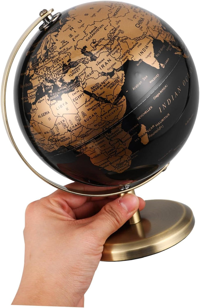 6'' Vintage Globe with Stand: Rotating World Globe Black Gold Desk Ornament Antique Map Decor for Adults Home Office