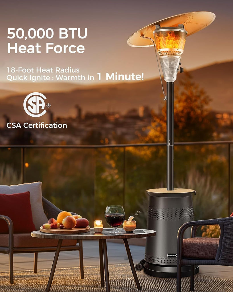 50, 000 BTU With Adjustable Heat Focusing Top, Portable Propane Patio Heater with Wheels & Sandbox, Stainless Steel