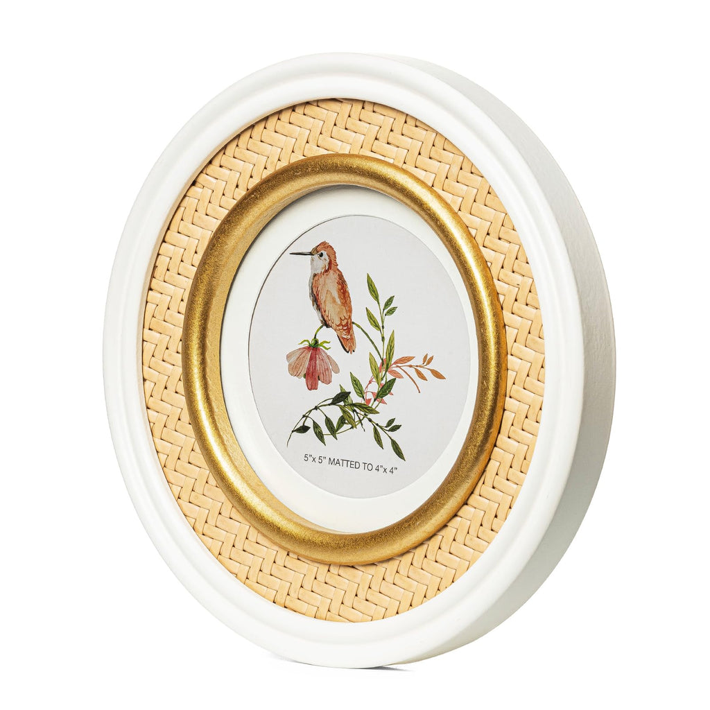 5x5 White & Glod Round Picture Frame with Rattan Trim, Solid Wood with Real Glass, Matted to 4x4, Display Photos