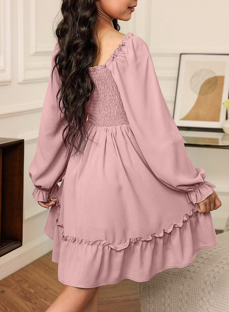 Girls Long Sleeve Fall Smocked High Low Dresses Pink