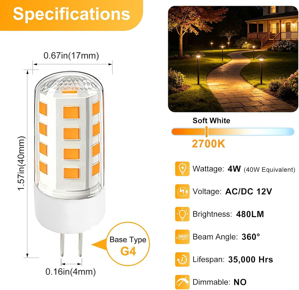 G4 LED Bulb 4W Equivalent 40W 480LM 2700K Warm White12V AC/DC