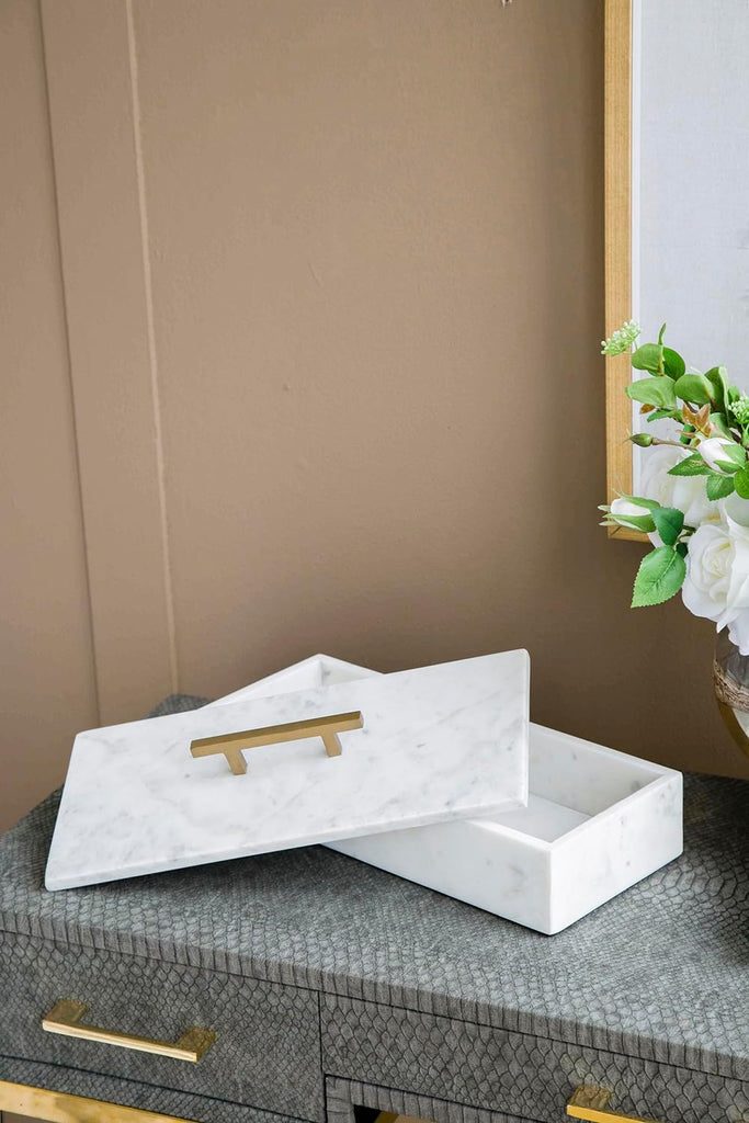 White Marble Rectangular Box with Brass Handle, Contemporary Accent Box, Storage Box, Removable Lid, 14.5" x 7"