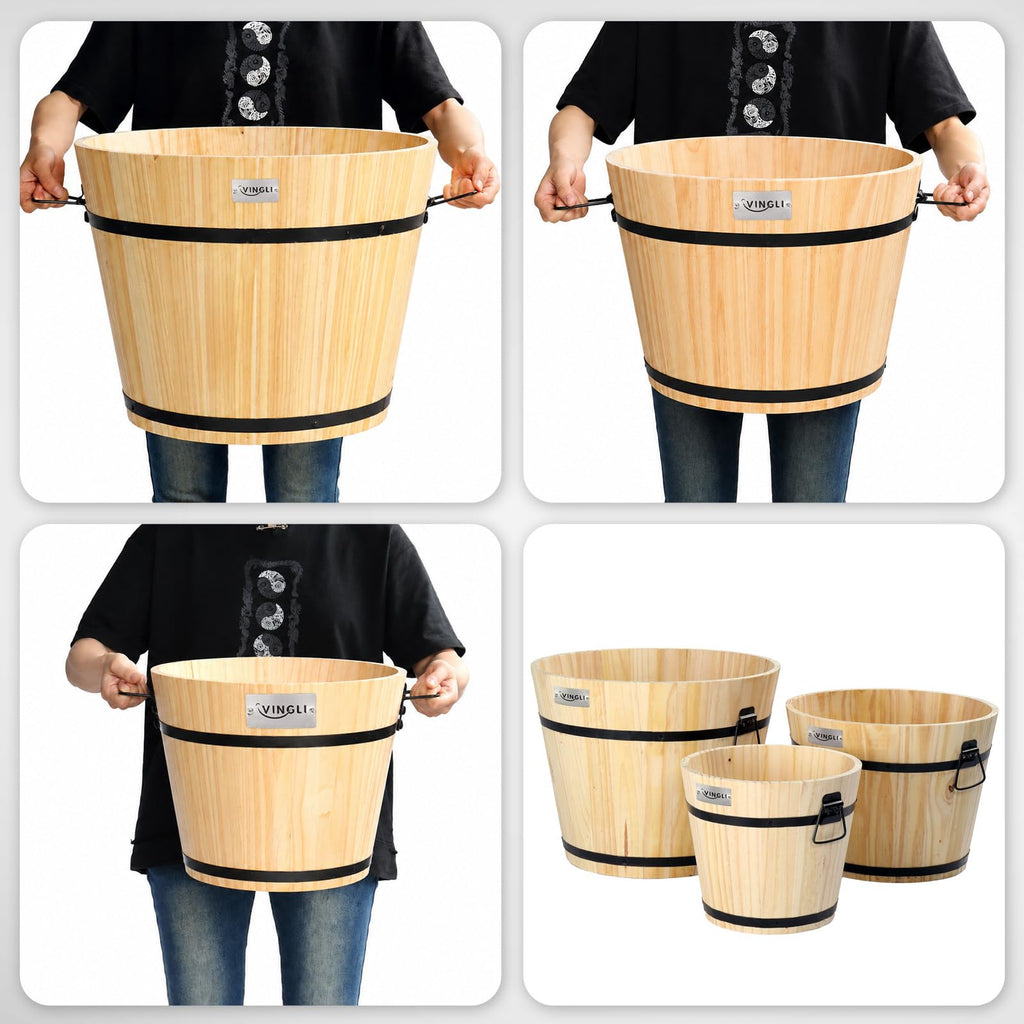 3 PCS Large Wooden Planter Barrel Set, 11.5"(Dia)- 18"(Dia), Real Wood Flower Pot with Drainage Holes, Different
