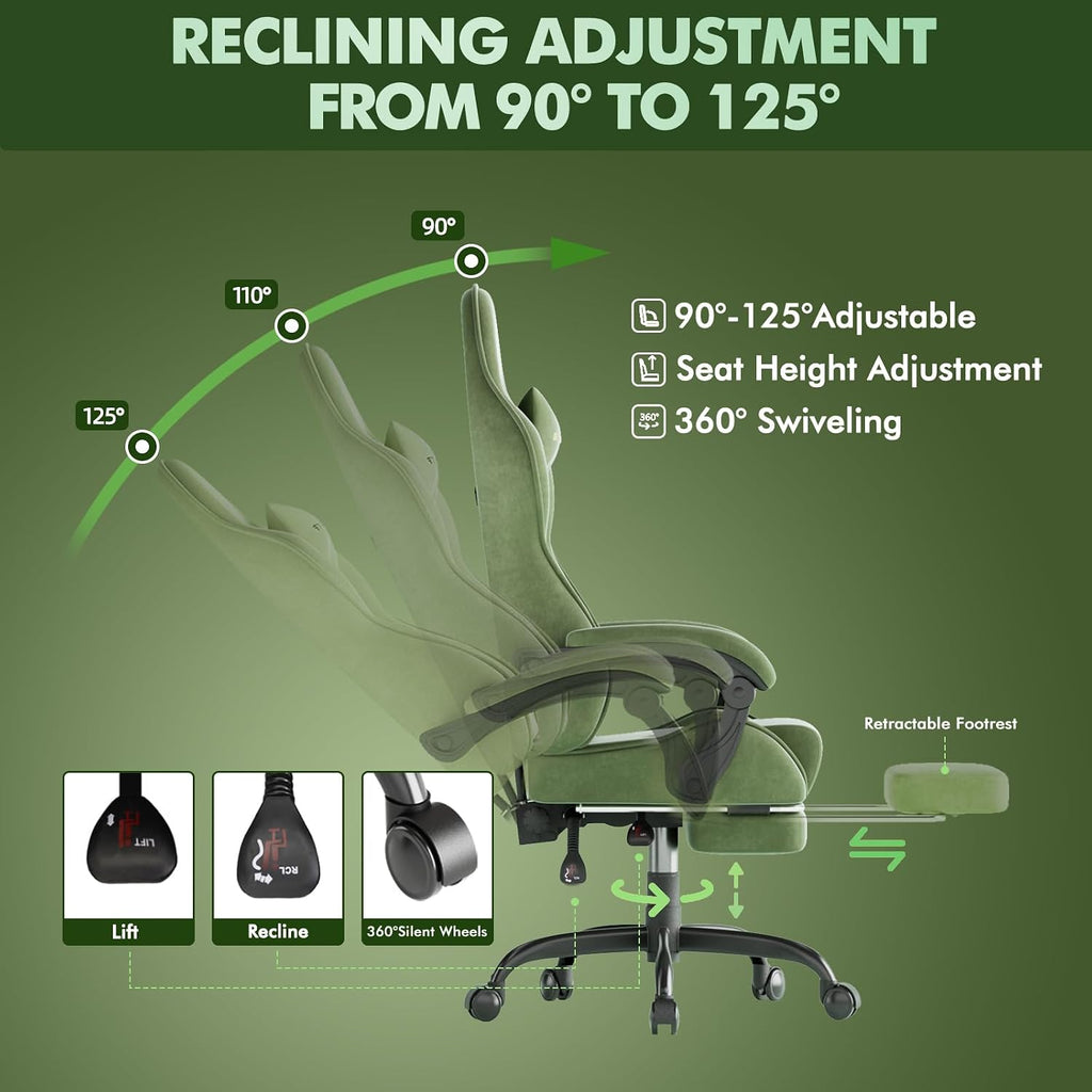 Velvet Fabric Racing Gaming Chair for Adults - Ergonomic Gamer Chair with Massage Lumbar, Footrest & Spring Cushion |