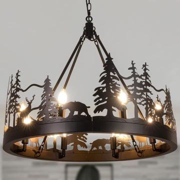 Rustic Forest Wagon Wheel Chandelier - 8-Light Black Iron with Pine Tree, Bear & Deer Silhouettes, W30" x H24"