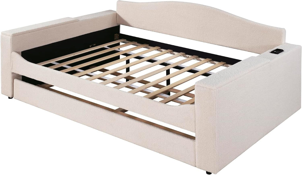 Upholstered Daybed with Trundle, Full Size Day Bed Frame with Storage Armrests, USB Ports