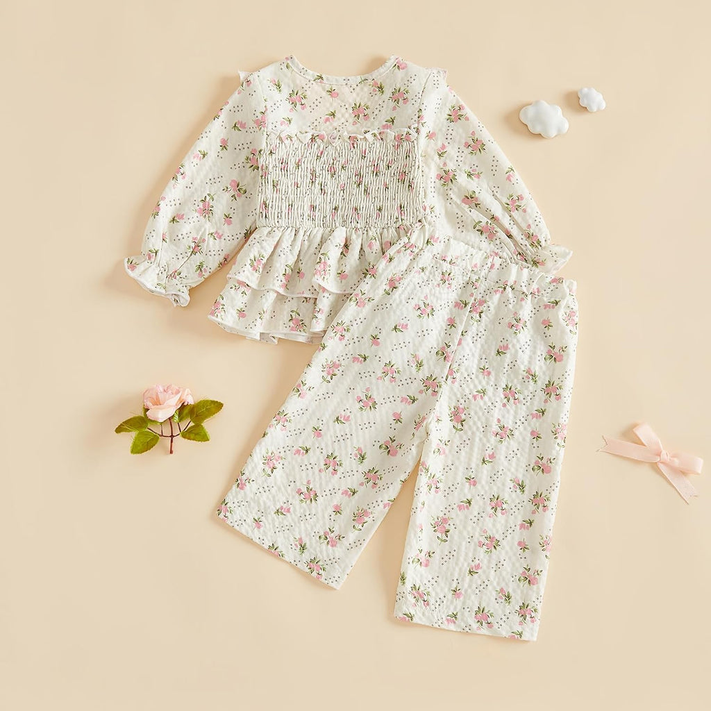 Toddler Baby Girl Fall Outfit Floral Print Smocked Shirt Pants Set