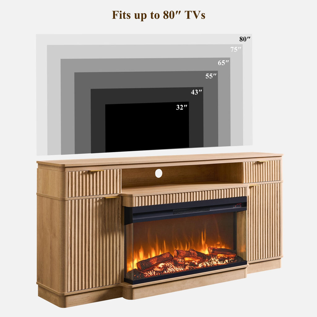 70'' Fireplace TV Stand with Storage, Fluted Media Console, Natural Oak