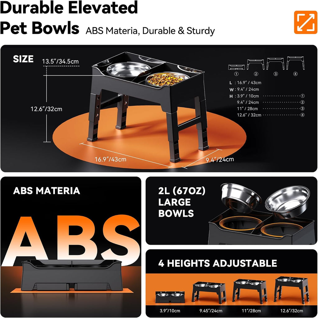 Elevated Dog Bowls, Splash Guard 4-Height Adjustable, Stainless Bowls