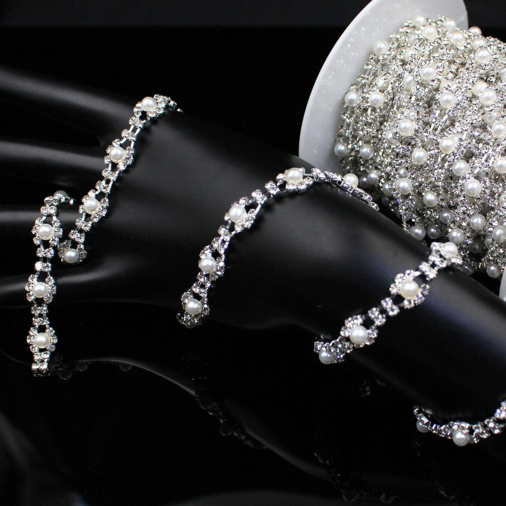 Pearl Trim Chain Rhinestone Silver String Crystal Applique Fringe Ribbon Strips Beads Sewing Dress DIY Party - 2 Yard