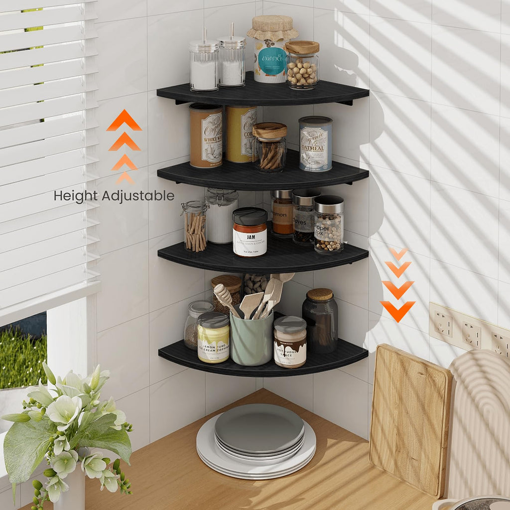 Corner Shelf Wall Mount, 4 Tier Rounded Corner Floating Shelves, 12 Inch Deep Hanging Corner Shelf Storage, Wood