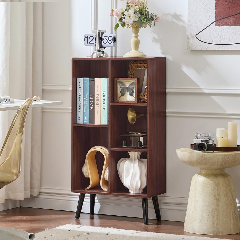 5 Cube Bookshelf, Mid-Century Modern Book Shelf with Legs, Walnut