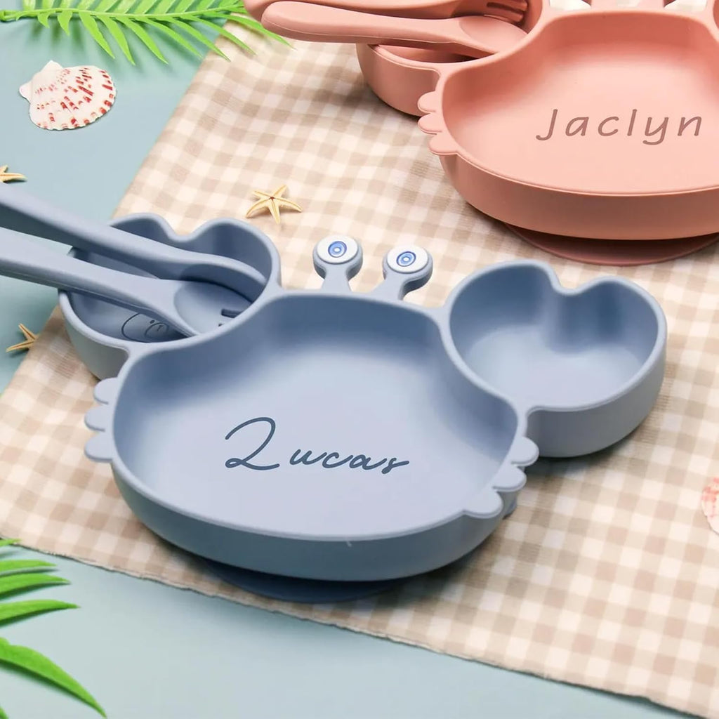 Personalized Baby Meal Set With Spoon and Fork, Custom Kids Dining Set, Cute Crab-Shaped Silicone Meal Plate, Kids