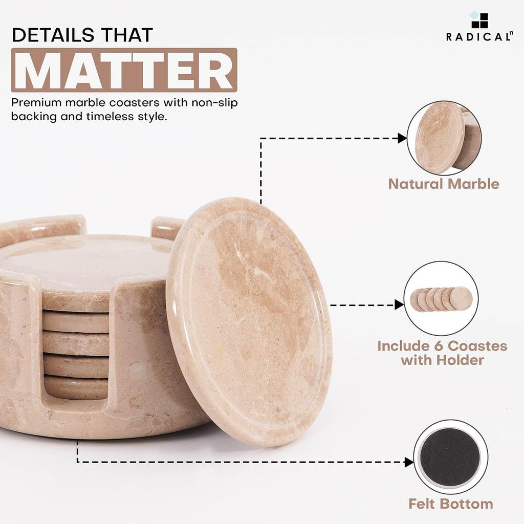 Round Marble Coasters with Holder - Verona Stone 3.5 Inch - Set of 6