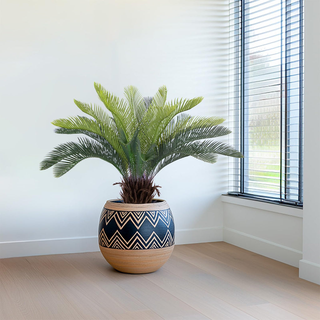 2ft Artificial Cycad Tree UV Resistant with Lifelike Bark & Realistic Leaves, 24in Super Full Faux Sago Palm Tree