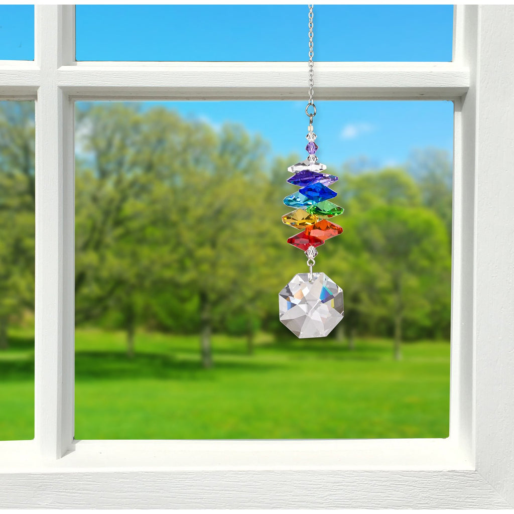 Chimes Sun Catcher Crystal Rainbow Cascade, 4" Octagon Crystal Cascading Suncatcher Hanging Window Prism for Indoor