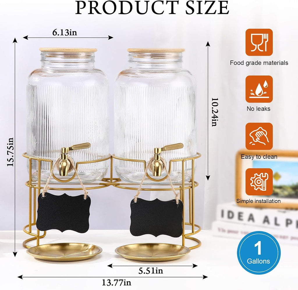 Drink Dispensers For Parties- 1 Gallon Beverage Dispenser with Stand and Spigot 18/8 Stainless Steel Leak-proof- Sun - Set of 2