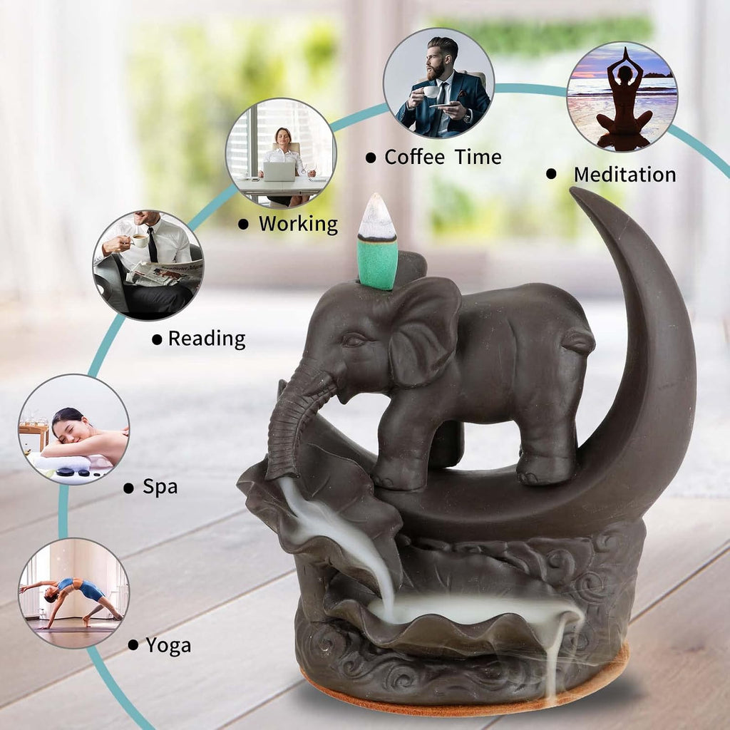 Elephant Backflow Incense Burner with 20 Cones, 30 Sticks, Tweezer, Mat - Set of 50