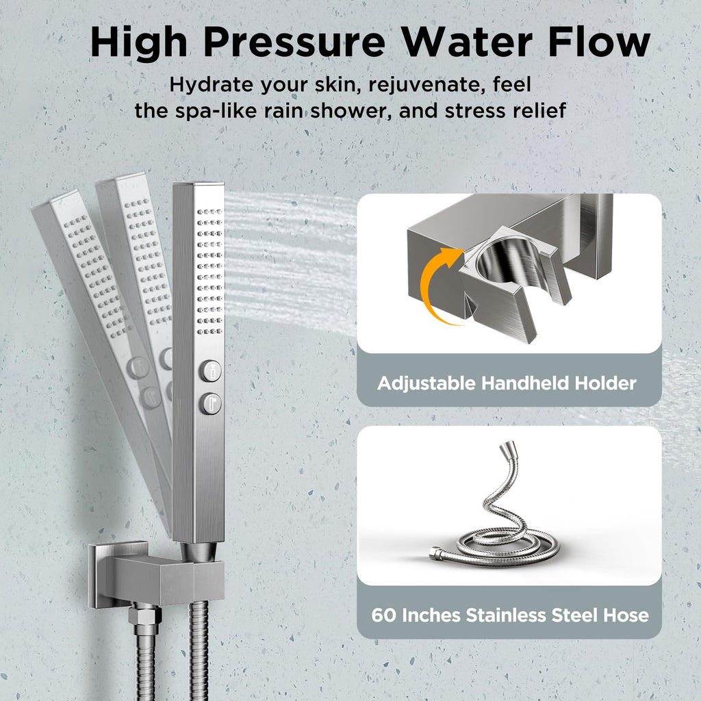 Rainfall Shower System with 4 Body Spray Jets, 4 Way 12 + 6"Rainfall Shower Head with Handheld Combo, Shower Jets