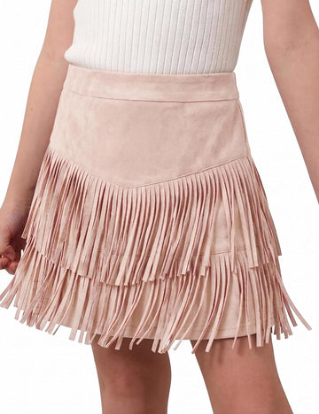 Girls Fringe Skirts Western Cowgirl High Waist Mini Skirt Suede Boho Tassel Skirt for Country Concert