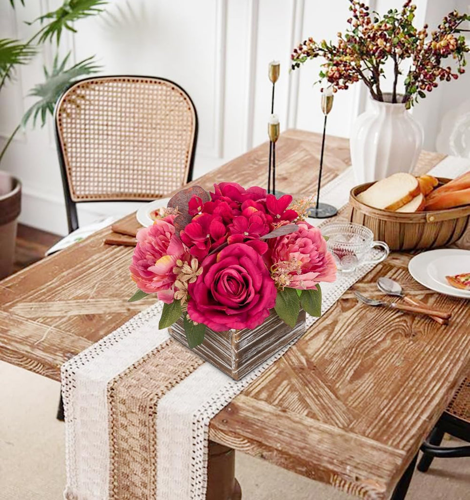 Flower Arrangement with Wooden Vase 8" Artificial Flowers in Pot - Fake Flowers Roses Peonies Hydrangeas in Wooden