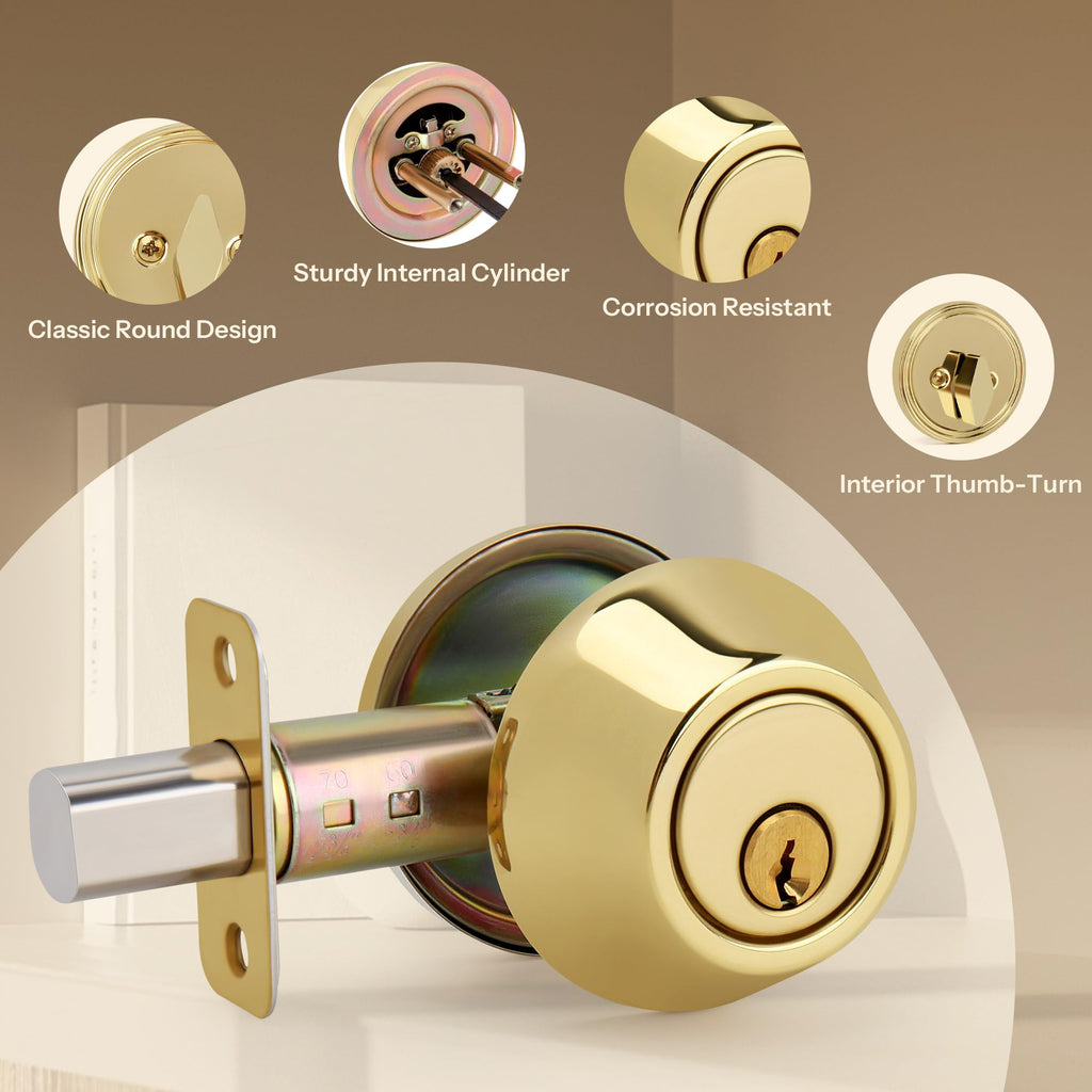 Round Design Single Cylinder Deadbolt with Keys, Exterior Keyed Dead Bolt Lock for Front Entrance Door Security
