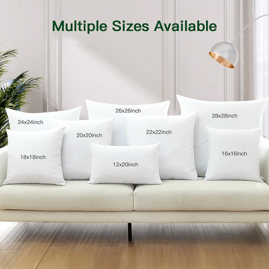 Down and Feather Throw Pillow Inserts, 22 x 22 Soft Fluffy Square Pillow Inserts with 100% Cotton Cover - Set of 2