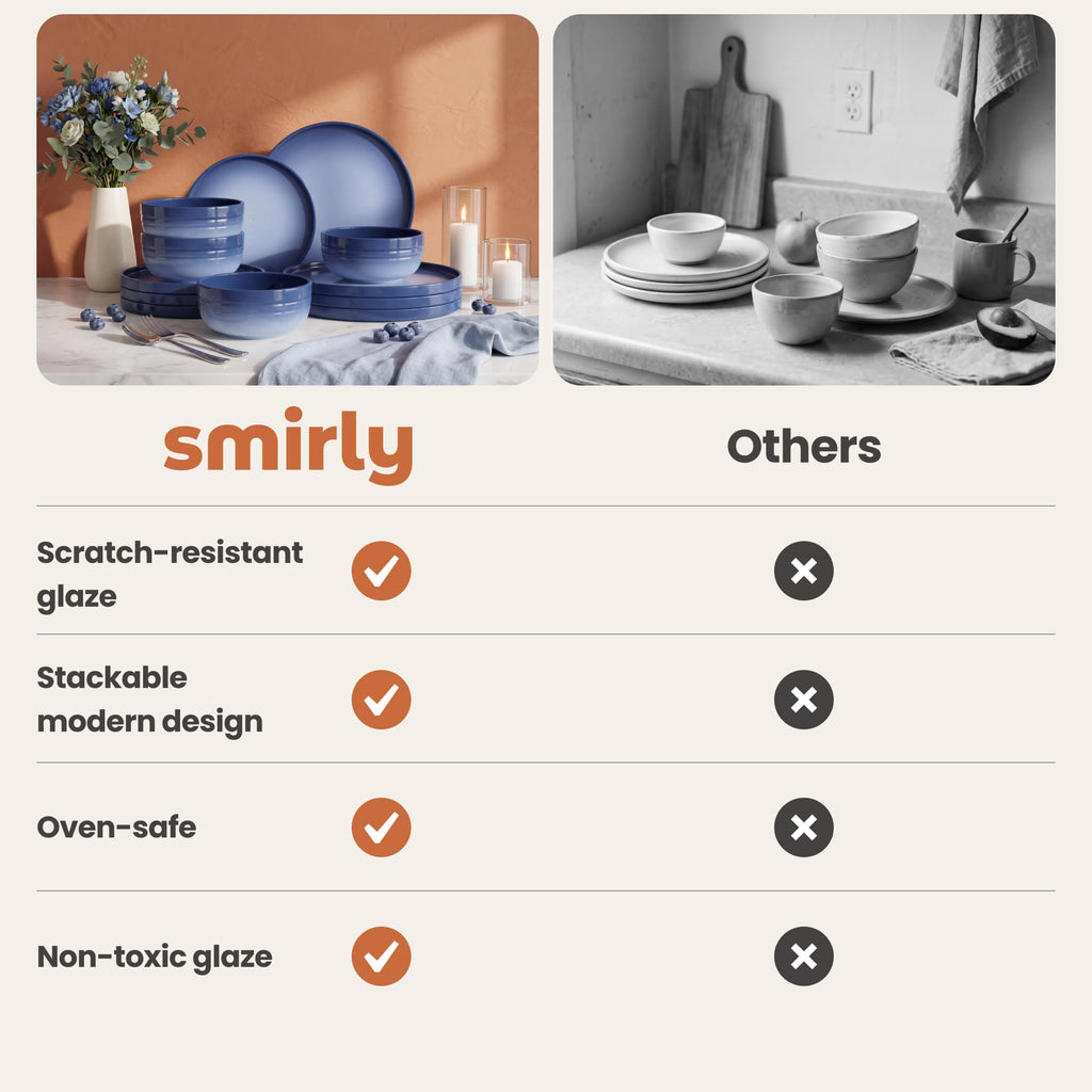 Stoneware Dinnerware Set for 4, 12 pcs Plates and Bowls Set, Blue