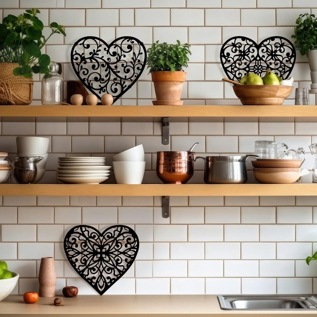 Heart Cast Iron Trivet for Hot Dishes Vintage Design, Black - Set of 3