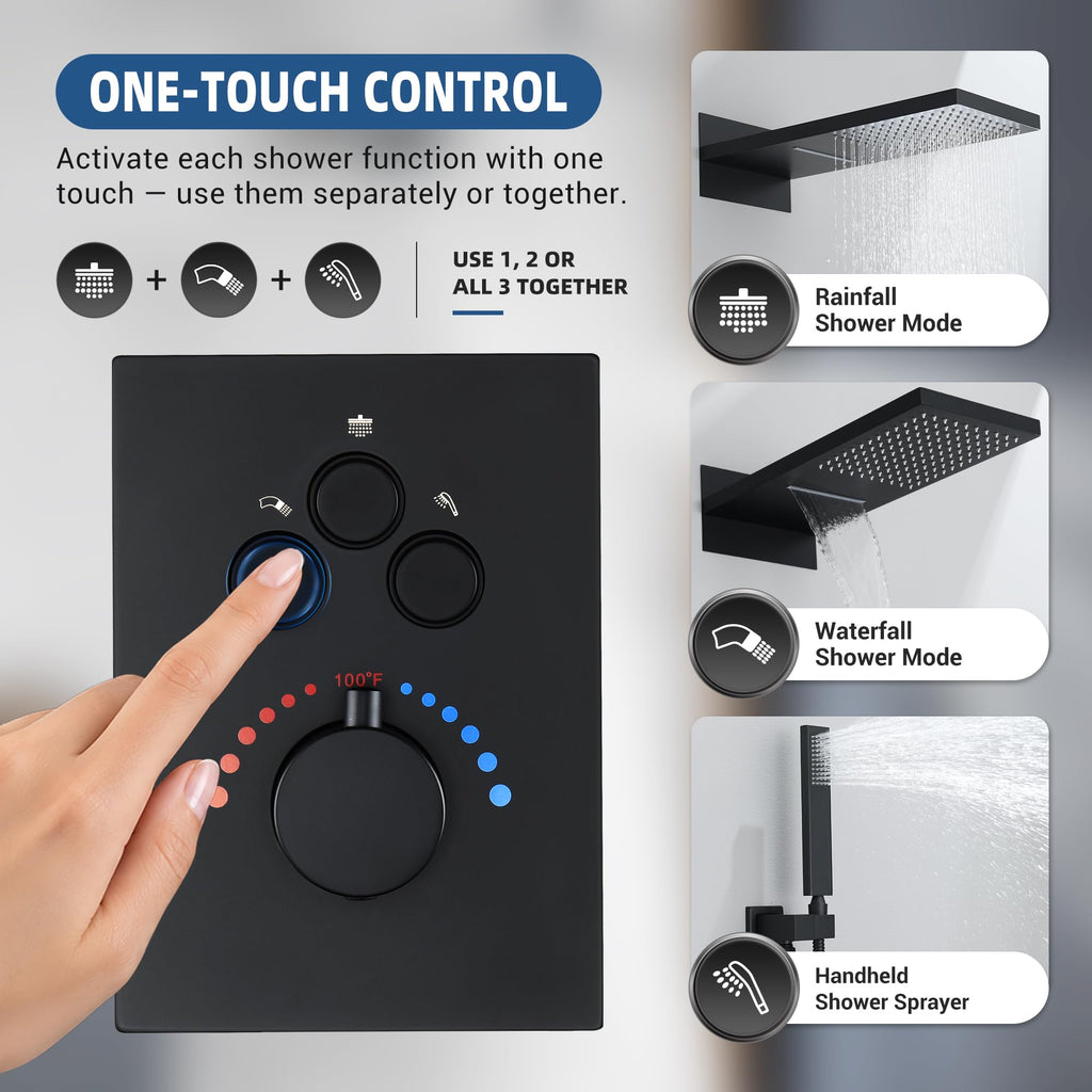 Thermostatic Shower System, Waterfall Shower Head(Matte Black)
