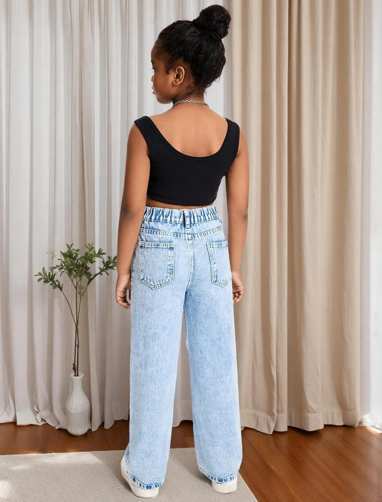 Jeans for Girls Baggy Wide Leg Ripped High Elastic Waisted Denim Pants Y2K Boyfriend Skater Streetwear Cute Trousers