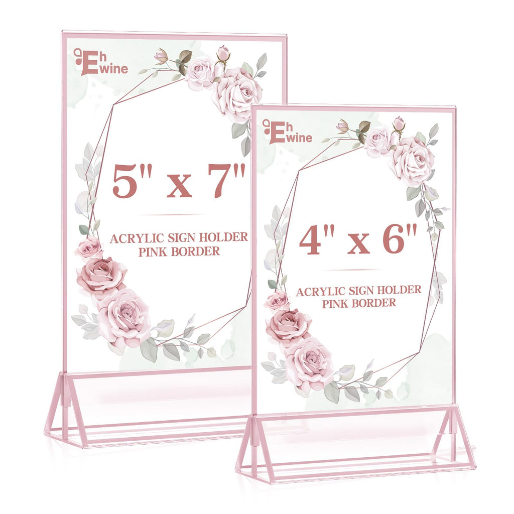 12 Pack Acrylic Sign Holder 5 x 7, Double-Sided Stand up Table Top Sign Holders, Pink Acrylic Picture Frame Menu
