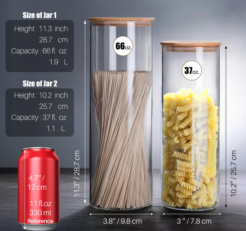 66 oz Glass Food Storage Jars with Airtight Lids, Tall Clear Glass Jar with Bamboo Lid, Airtight Food Canister for