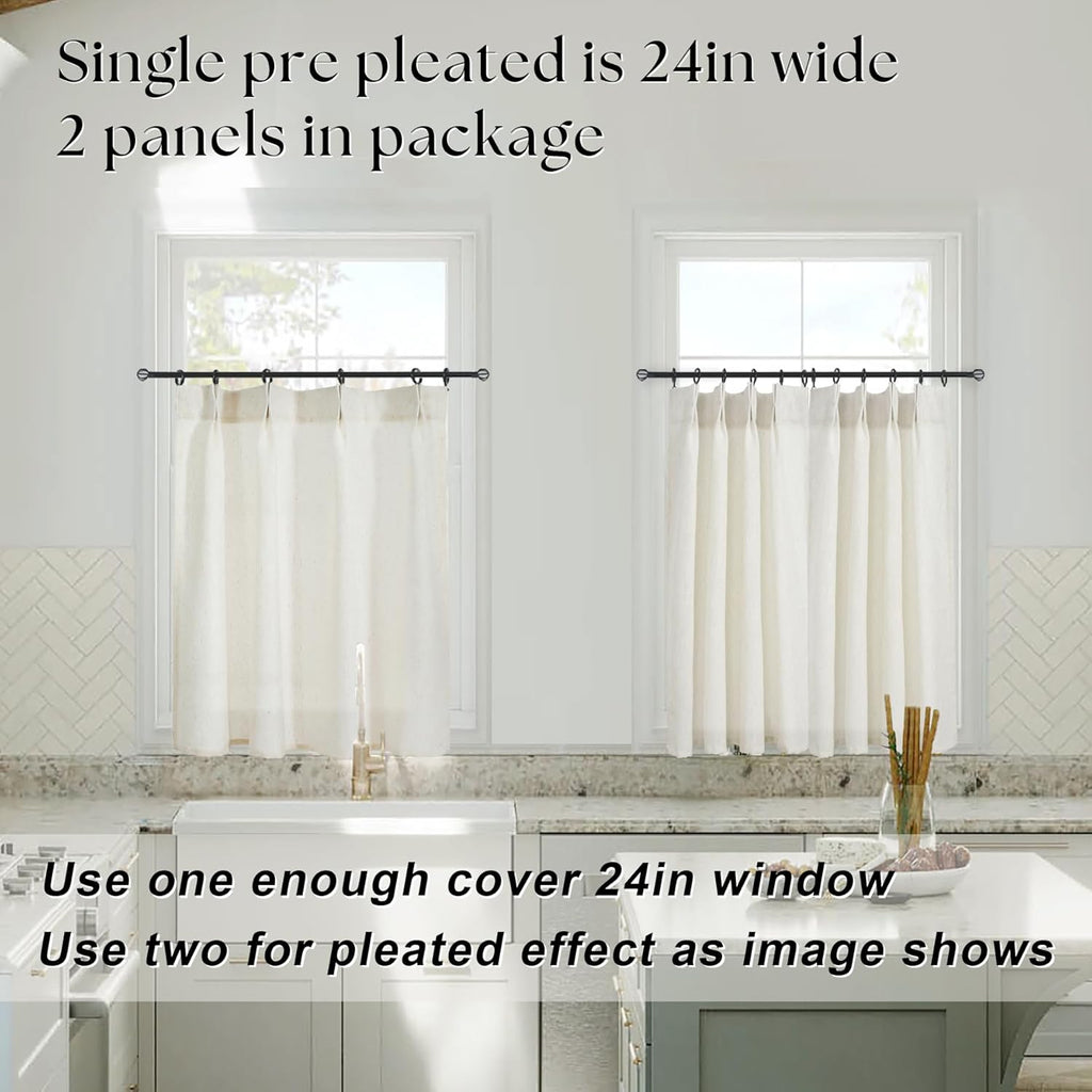 Pinch Pleat Cafe Curtains 24 Inch Length for Kitchen Window Over Sink, Cream Linen Light Filtering Sheer Farmhouse