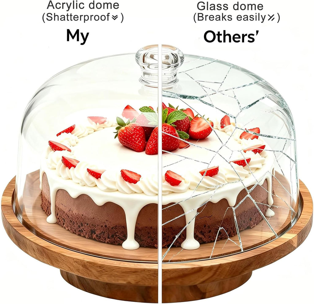 Cake Stand with Lid, 10.8'' Shatterproof Acrylic Dome (Not Glass), 11.8'' Rotating Acacia Wood Cake Display Stand