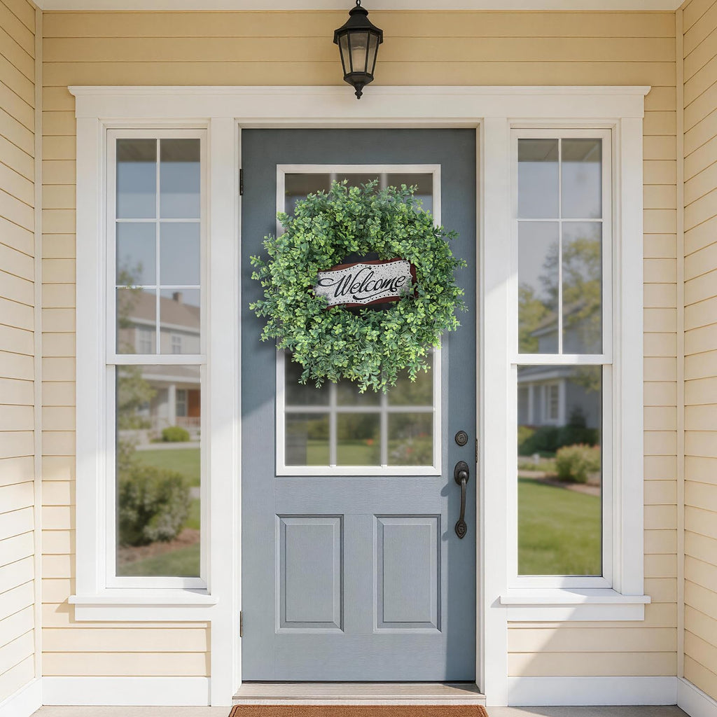 26" Artificial Boxwood Wreath with Welcome Sign for Front Door Decor(Green)