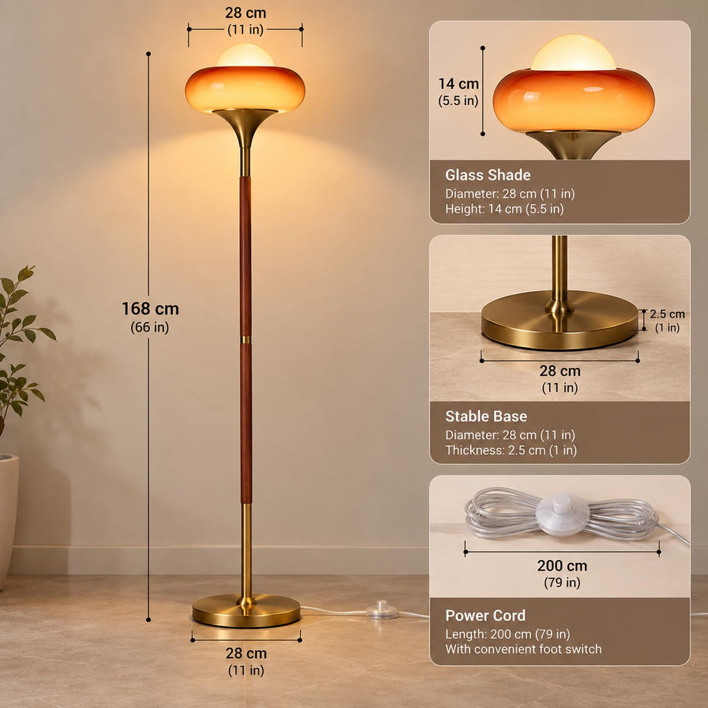 Mid Century Modern Orange Floor Lamp, Gradient Amber Glass Shade