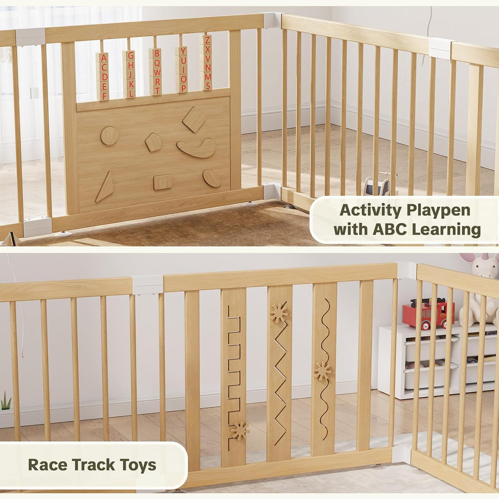 Wooden Baby Playpen with Safety Gate, 96"×64" Large Play Yard for Babies | Natural Pine Wood Playpen with Built-in