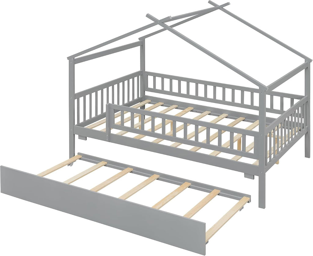 & Bright Designs House Bed with Trundle, Full Size Montessori Bed Frame with Fence Rails and Roof for Kids Girls &