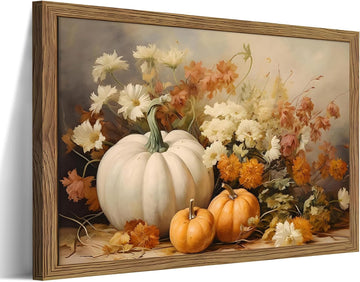 Framed Fall Pumpkin Wall Art - White Pumpkin and Autumn Floral Canvas Print, Rustic Farmhouse Harvest Halloween