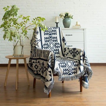 Cotton Woven Throw Blanket With Tassel Double-Sided Jacquard Bohemian Geometric Pattern Vintage Ethnic Style