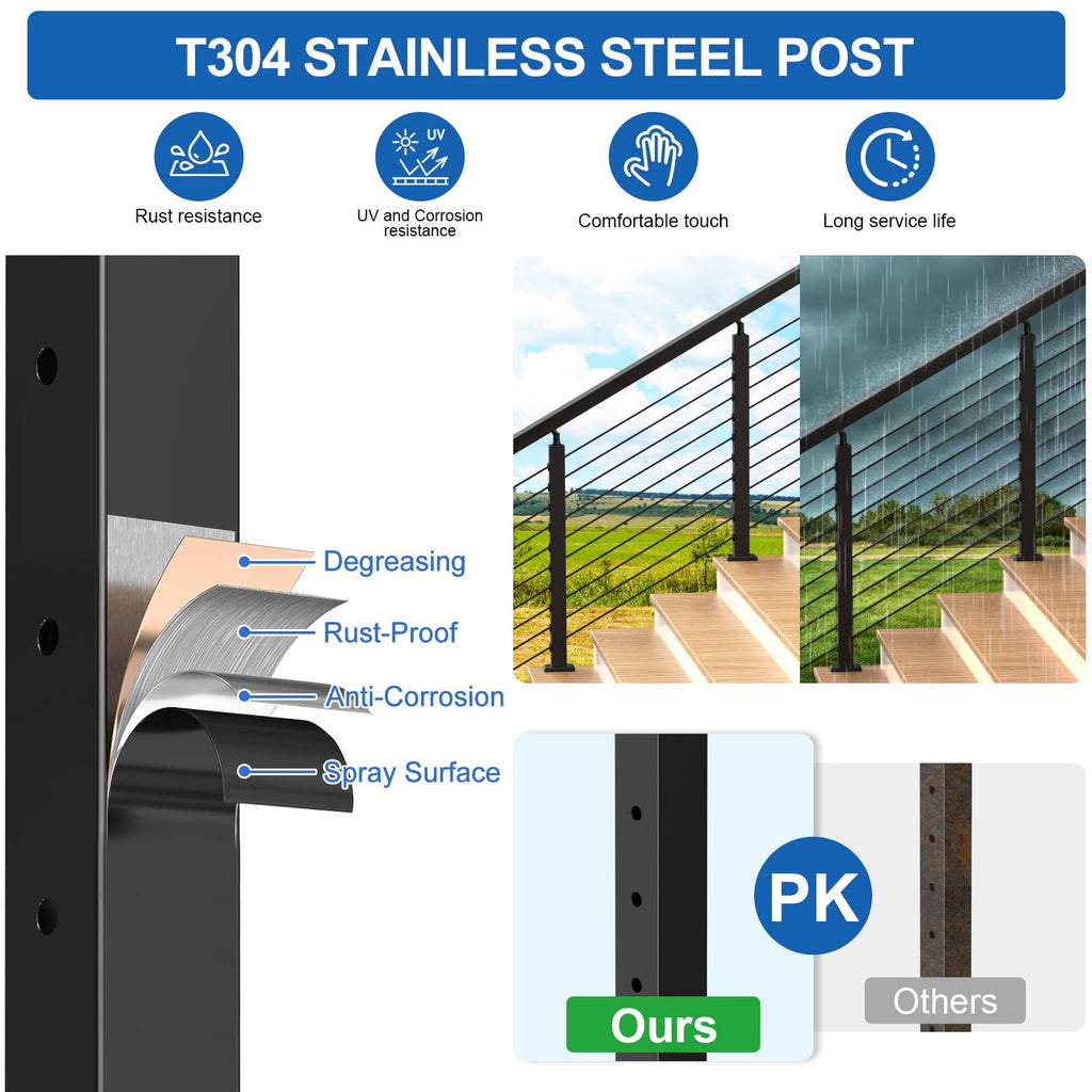 36" Black Cable Railing Post(35"x2"x2") for 25-35 Degrees Stair, Stainless Steel Adjustable Stair Post