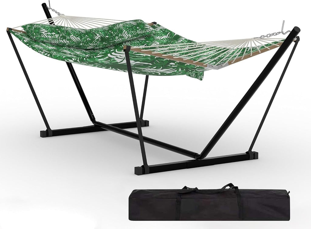 2 Person Outdoor Hammock with Stand, Green Banana Leaf Color | 450 LBS Heavy Duty Anti-Tipping Frame with Balance
