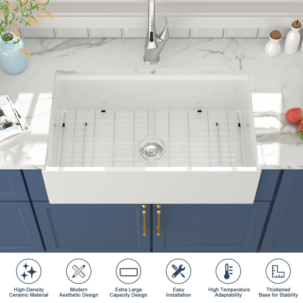White Farmhouse Sink - 33 Inch Kitchen Sinks Workstation Apron Front Fireclay 33"x20" Porcelain Ceramic Single Bowl
