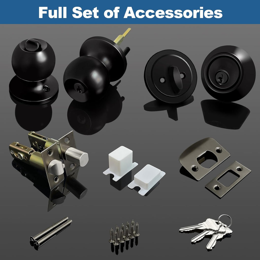 2 Pack Keyed Same Exterior Door Knobs and Single Cylinder Deadbolts Combo Set