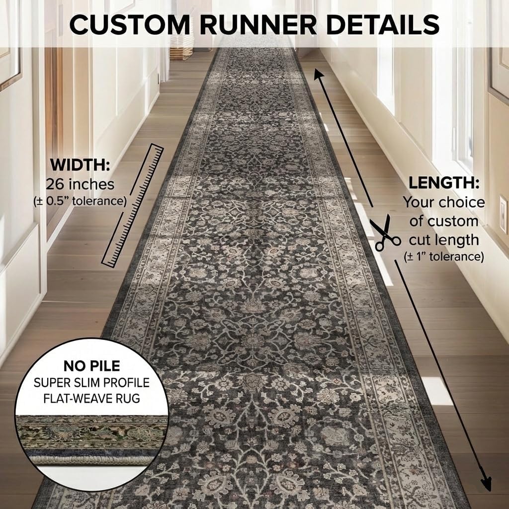 Custom Size Hallway & Stair Runner- Asha Rome Charcoal Brown 26 Inches Wide Super Thin Long Runner (26" x 3' Runner)