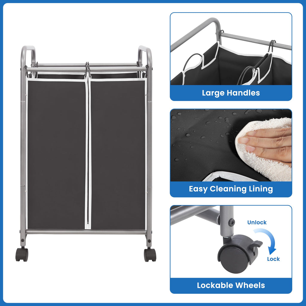 2 Section Laundry Sorter, Laundry Hamper with Wheels, Black