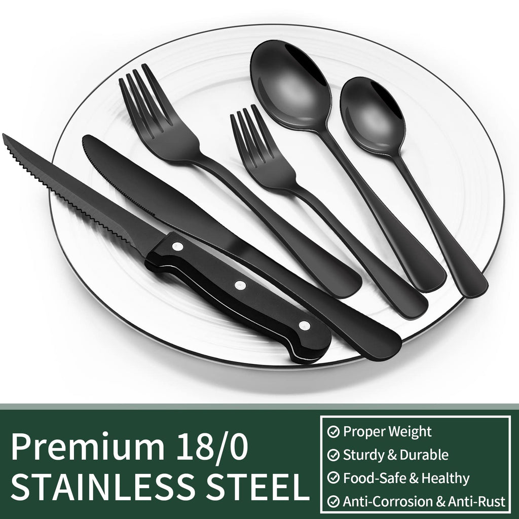 Black Silverware Set with Steak Knives, Black Flatware Set for 4, Food-Grade Stainless Steel Tableware