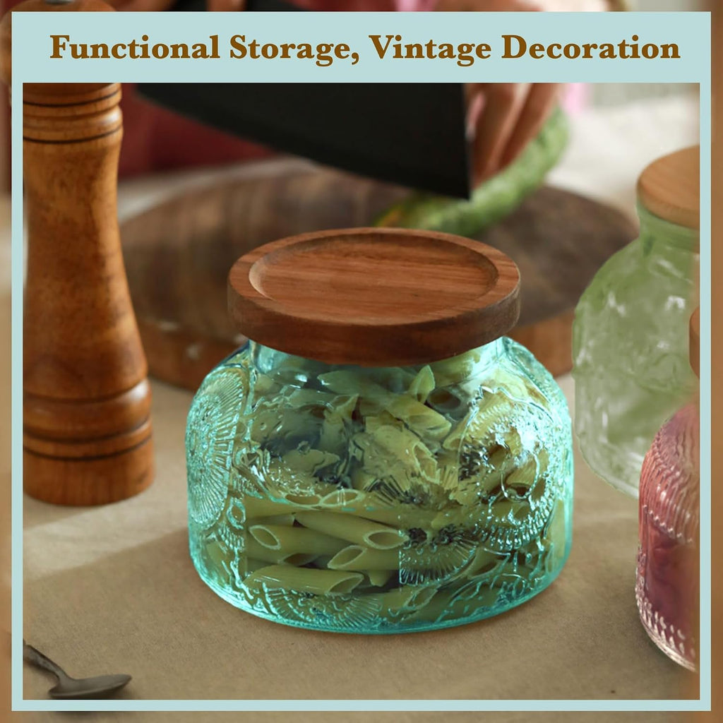 Decorative Blue Embossed Glass Jar with Airtight Wooden Lid, 25.4 fl. oz