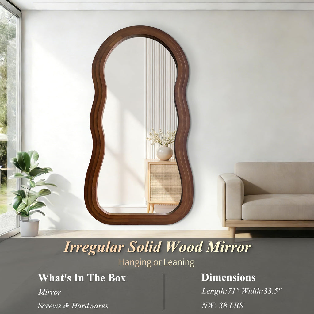 Wavy Full Length Mirror, 71"x33.5" Arch Solid Wood Floor Mirror
